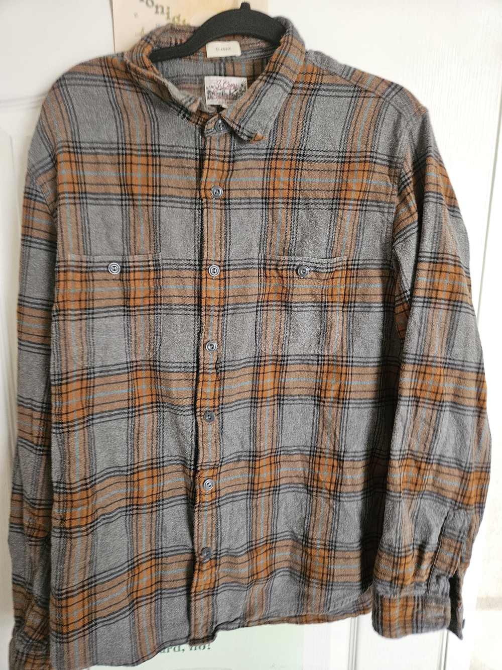 J. Crew Classic Gray and Orange Plaid Flannel Button-Down Shirt